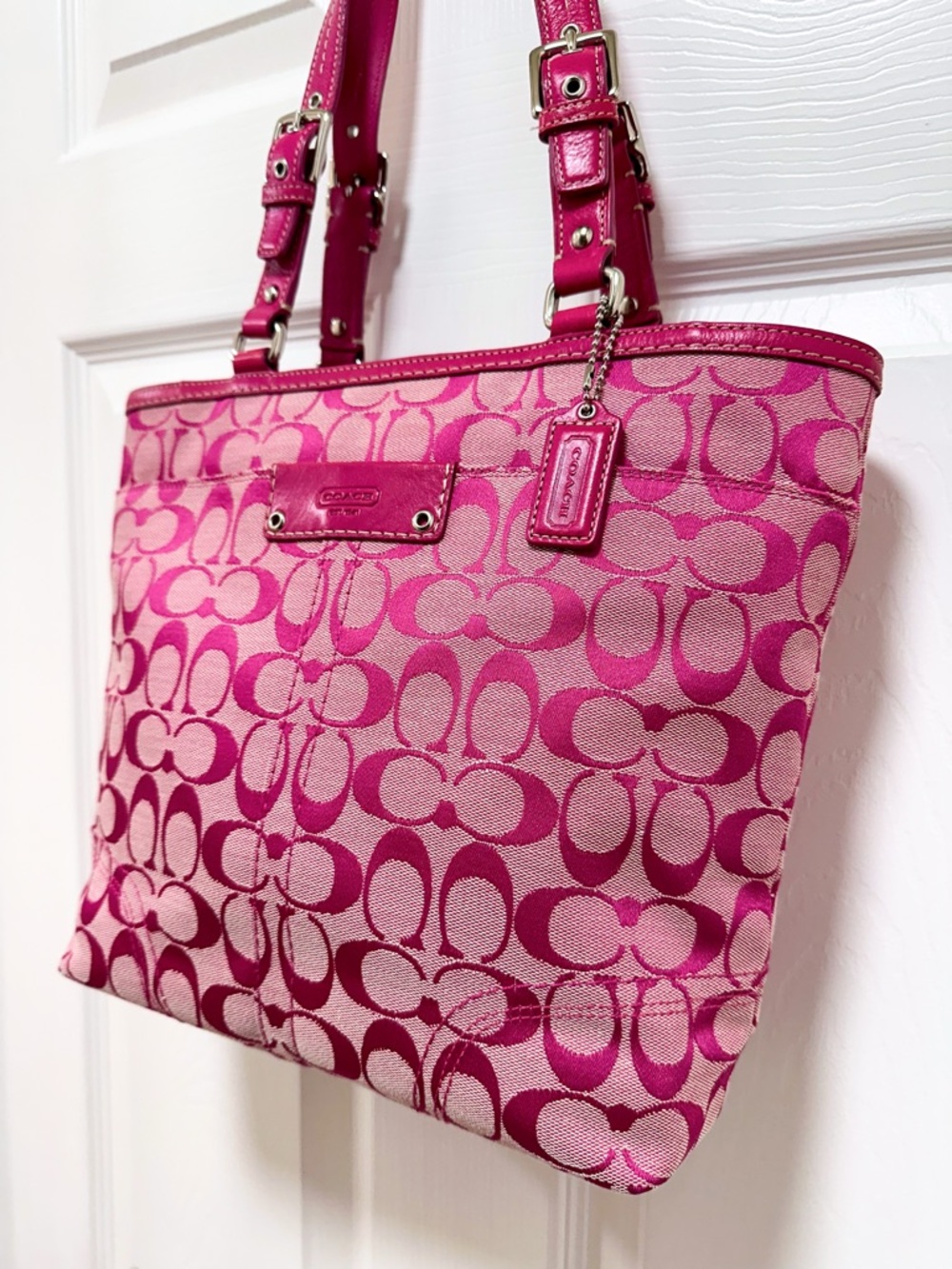 Coach Gallery Tote Signature Jacquard Pink Leather Trim Y2K - Picture 4 of 15